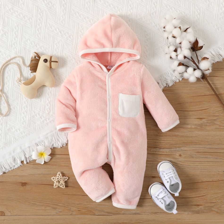 Baby Boy/Girl Solid Fuzzy Fleece Long-sleeve Hooded Jumpsuit Pink