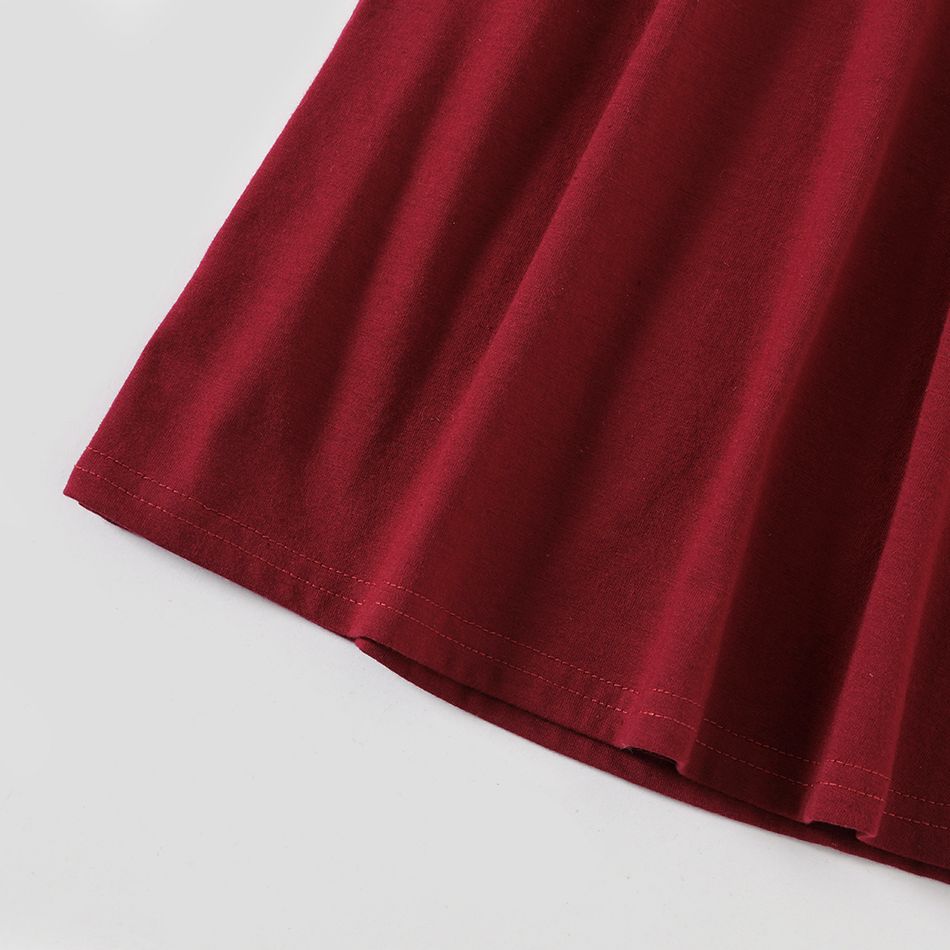 Family Matching Solid V Neck Drop Shoulder Drawstring Short-sleeve Dresses and Colorblock T-shirts Sets WineRed big image 9