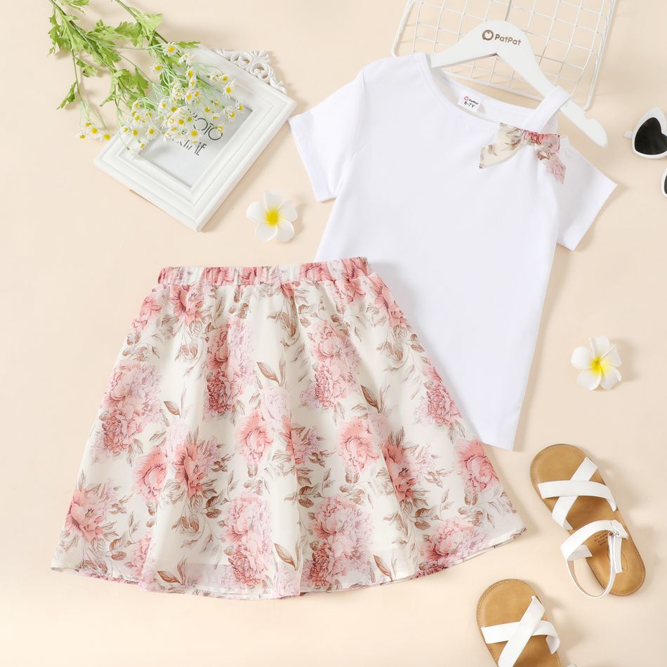 2-piece Kid Girl Bowknot Design One Shoulder Strap Tee and Floral Print Elasticized Skirt Beige