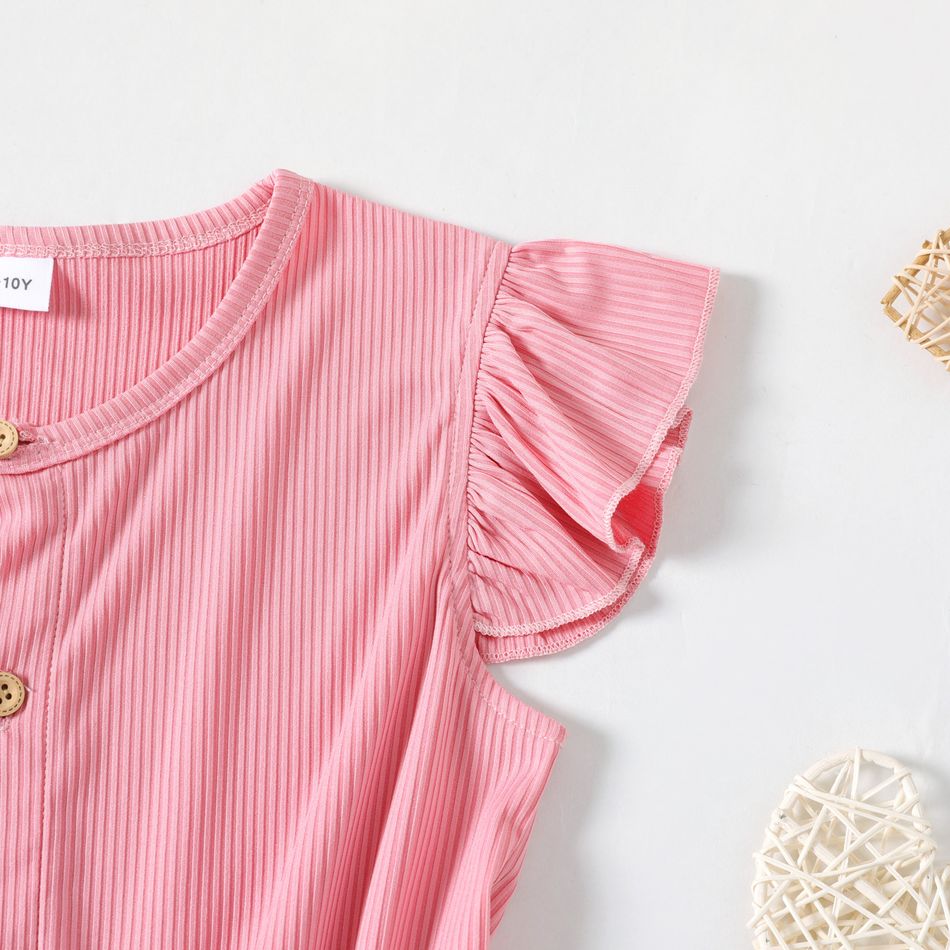 Kid Girl Solid Color Ribbed Button Design Flutter-sleeve Belted Rompers Pink big image 4