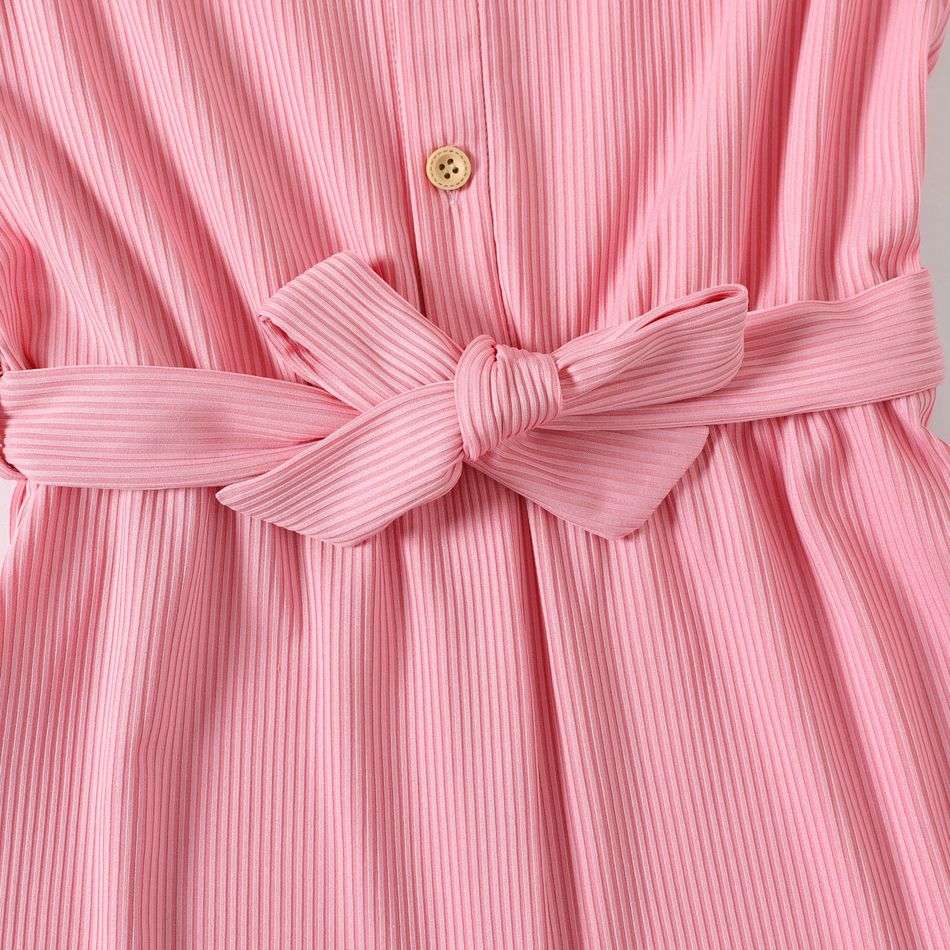 Kid Girl Solid Color Ribbed Button Design Flutter-sleeve Belted Rompers Pink big image 5