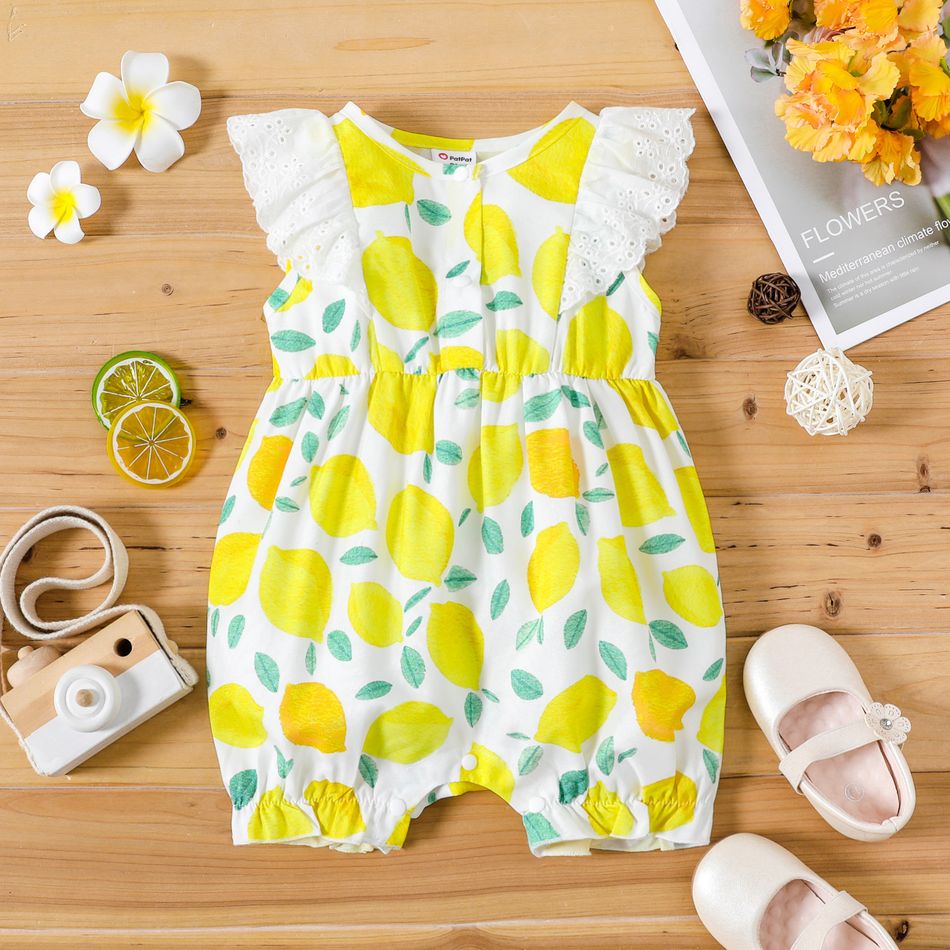 Baby Girl Allover Yellow Lemon Print Sleeveless Ruffle Snap Romper Yellow