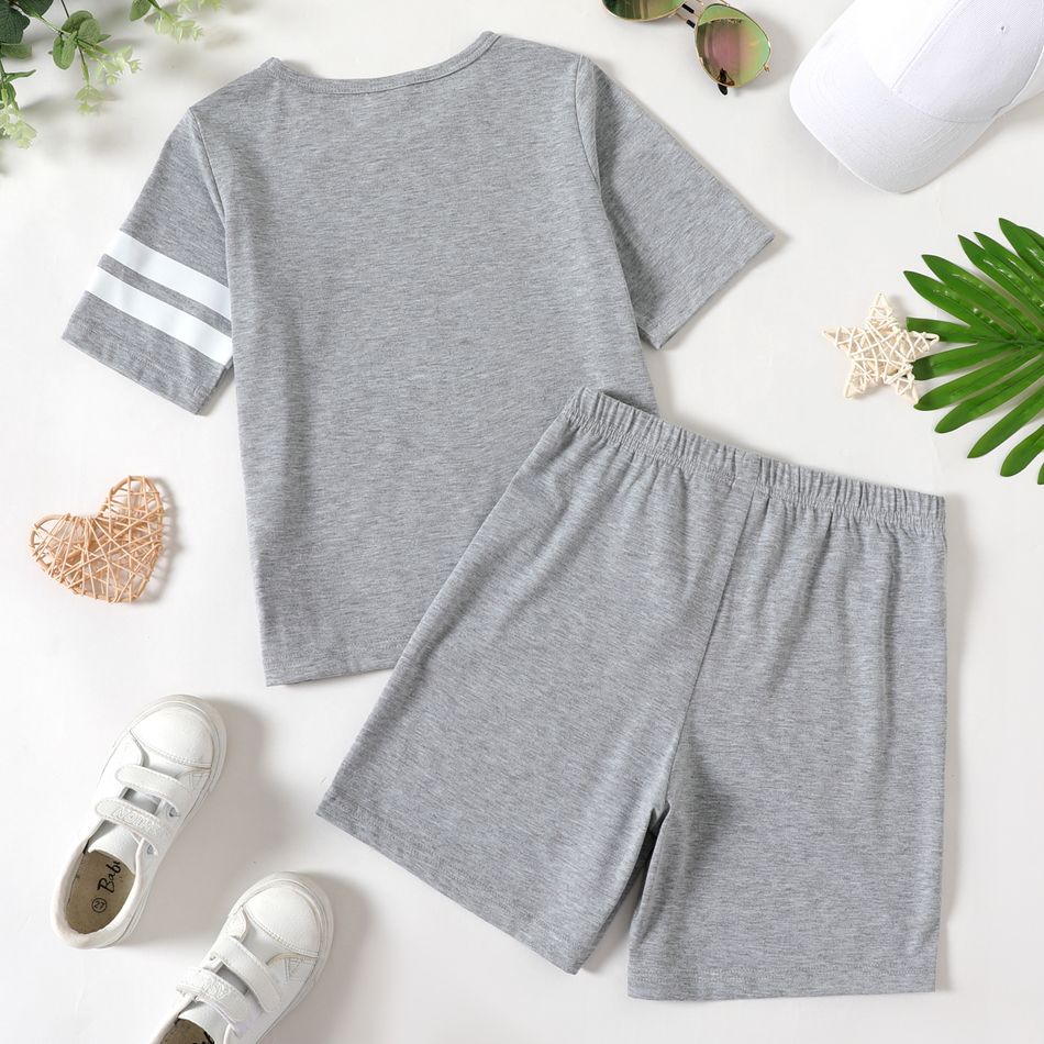 2-piece Kid Boy Striped Short-sleeve Tee and Elasticized Shorts Casual Set Lightgrey