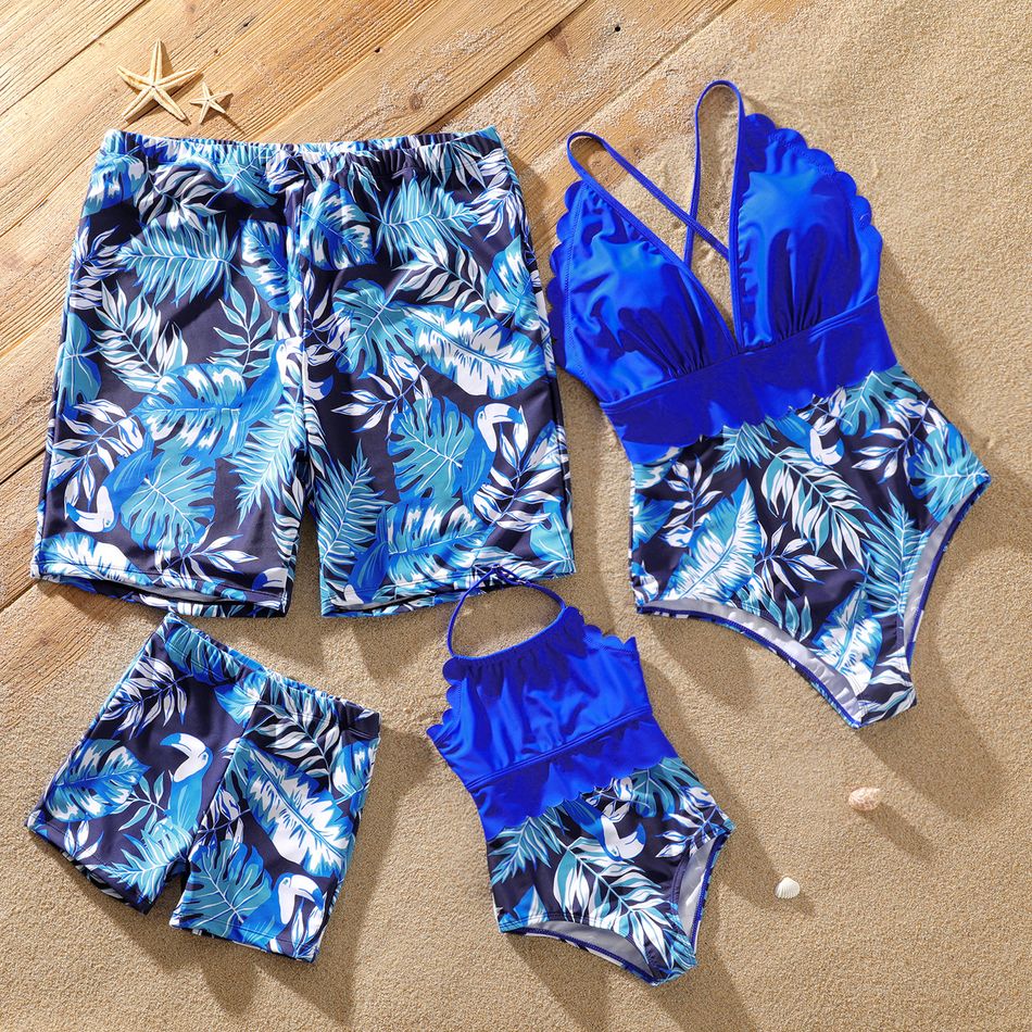 Family Matching Palm Leaves Print Blue One-piece Swimsuit Blue