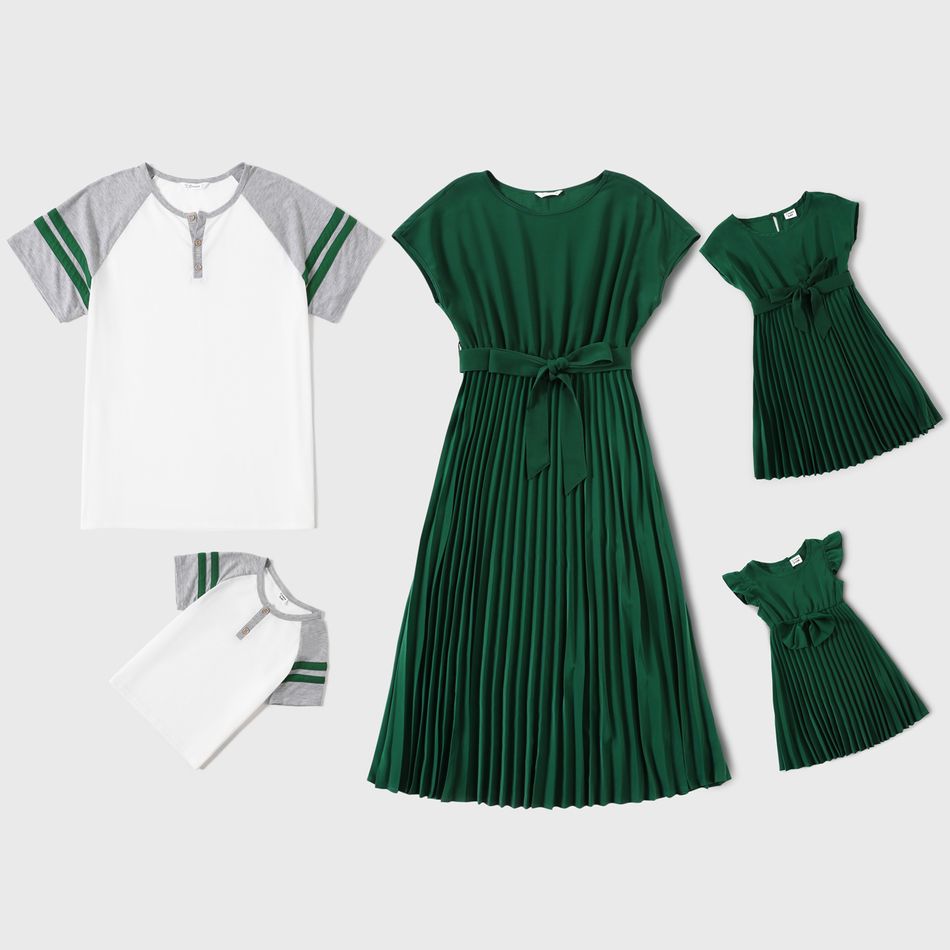 Family Matching Dark Green Drop Shoulder Belted Pleated Dresses and Raglan-sleeve T-shirts Sets Multi-color