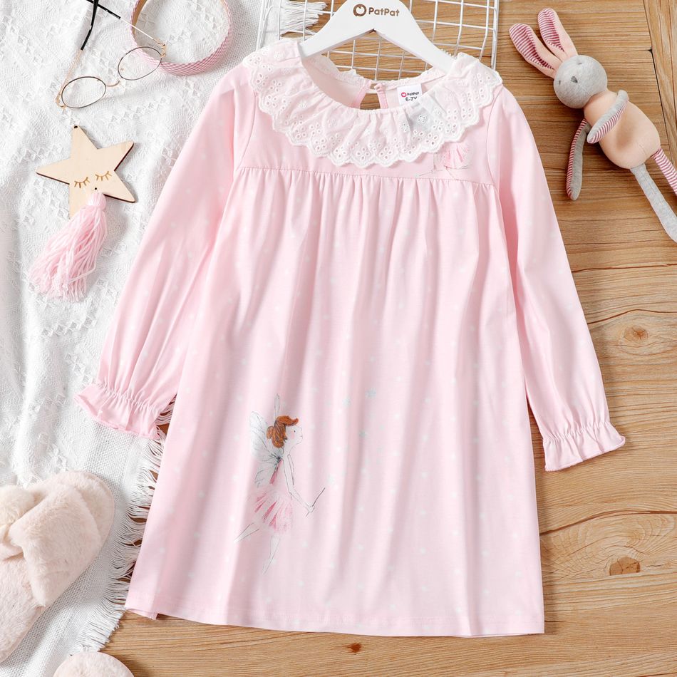 Kid Girl Schiffy Collar Design Cartoon Print Long-sleeve Nightdress Nightgown (Flame retardant fabric) Light Pink