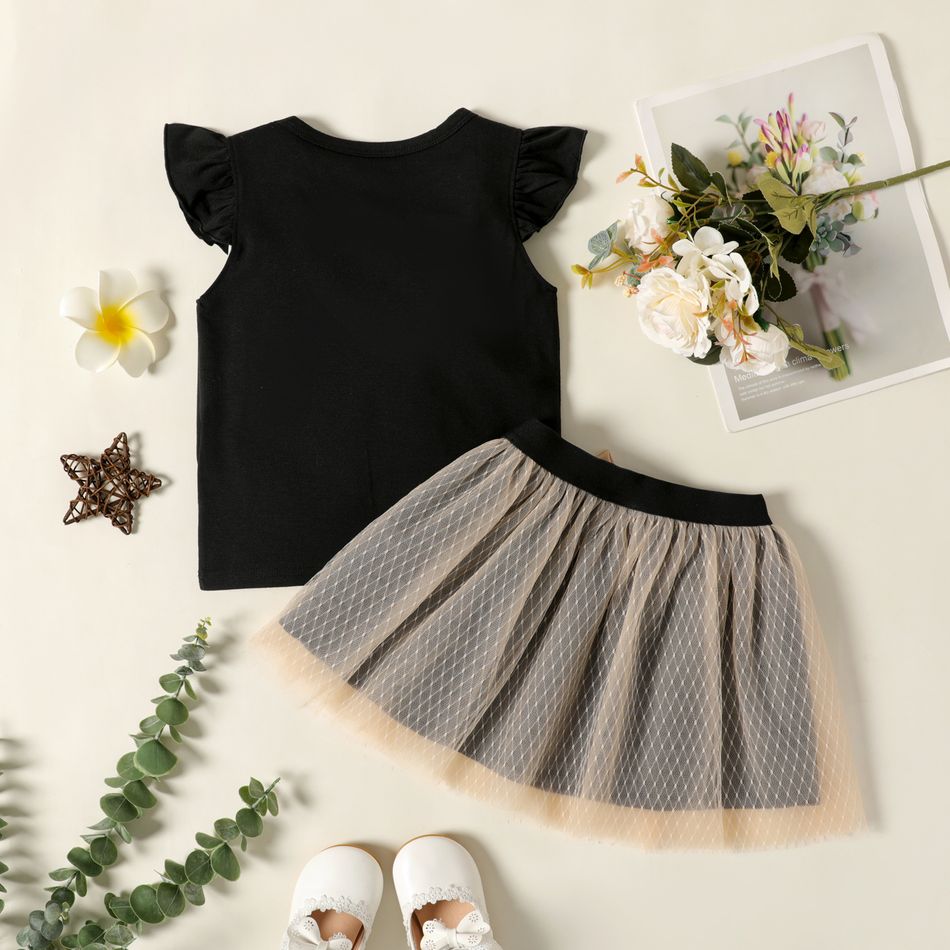 2-piece Toddler Girl Letter Print Flutter-sleeve Black Tee and Bowknot Design Mesh Skirt Set Black big image 2