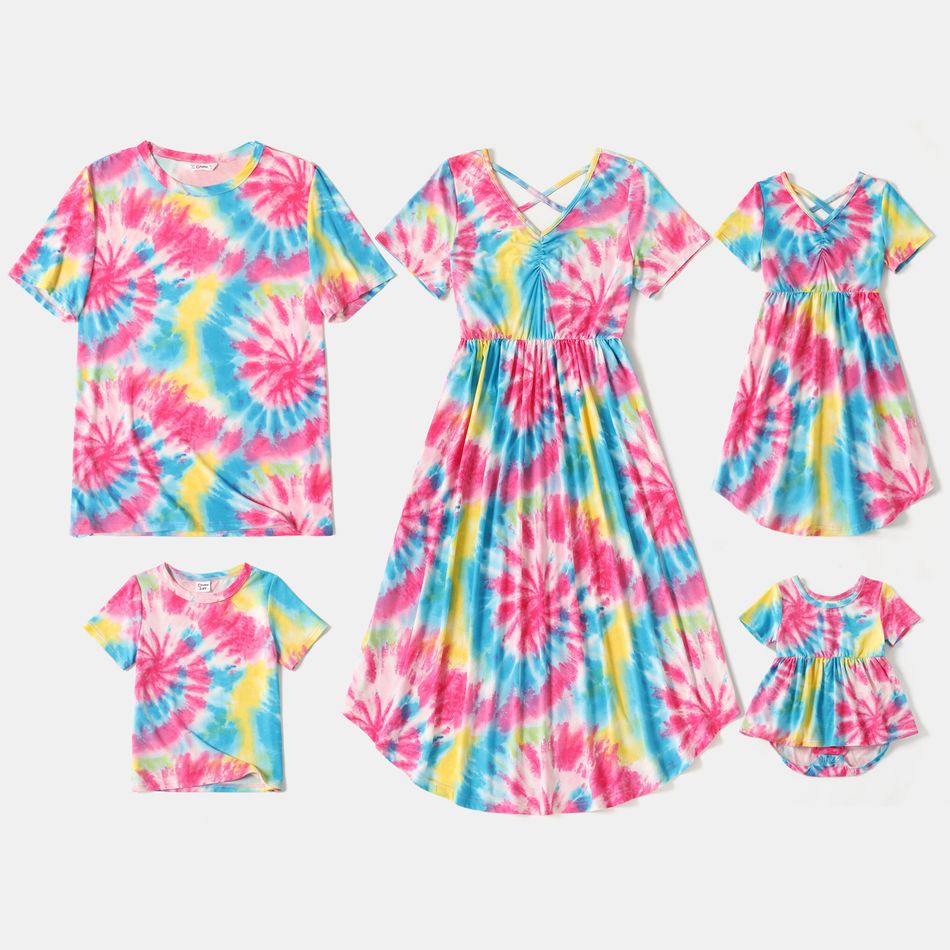 Family Matching Colorful Tie Dye V Neck Short-sleeve Midi Dresses and T-shirts Sets Colorful