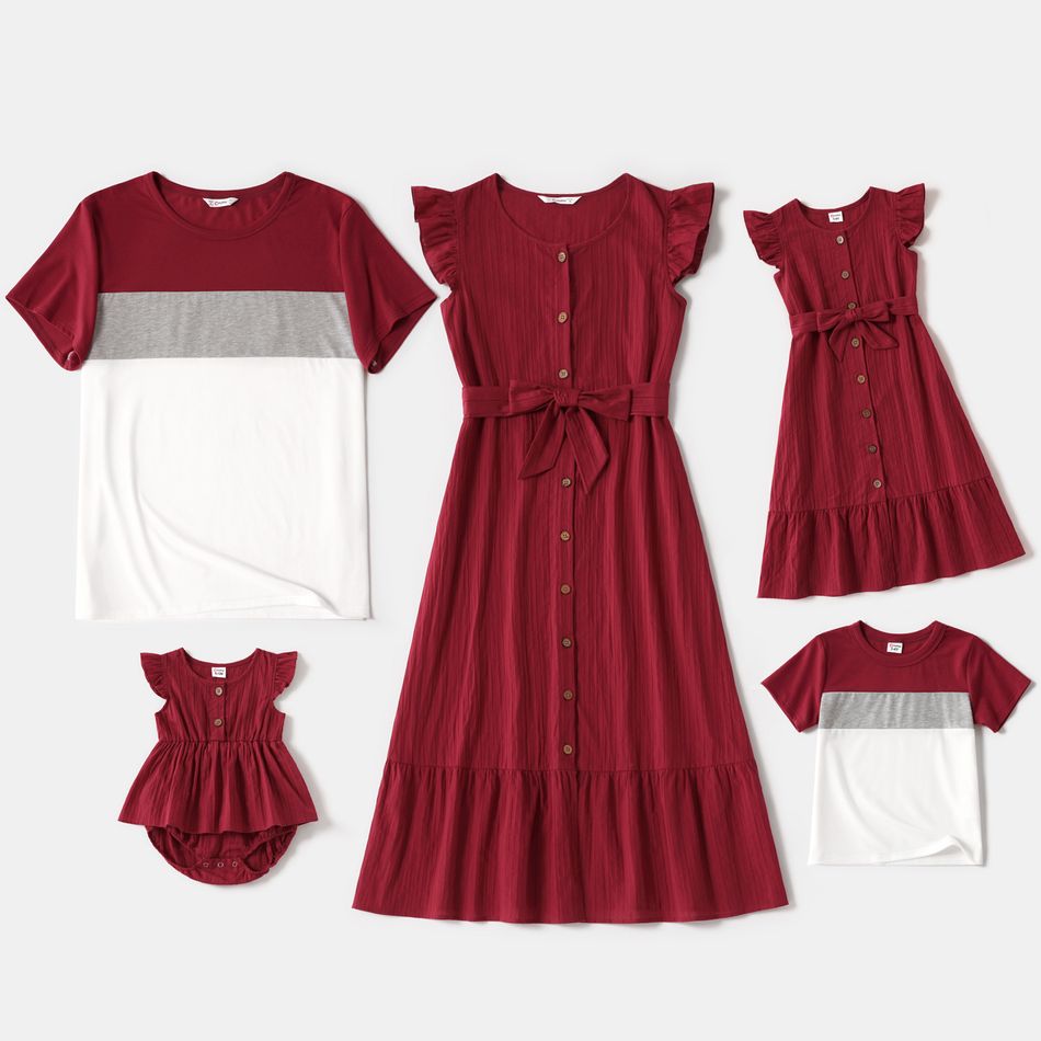 Family Matching 100% Cotton Solid Textured Flutter-sleeve Button Up Dresses and Colorblock Short-sleeve T-shirts Sets Burgundy