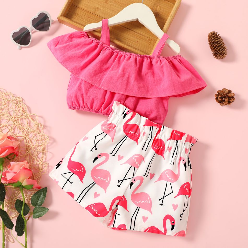 2-piece Toddler Girl Flounce Off Shoulder Strap Pink Tee and Flamingo Print Paperbag Shorts Set Peach