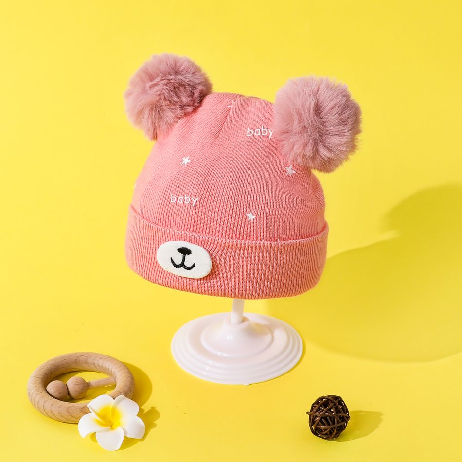 Baby Cartoon Bear Warm Cuffed Rib Knit Beanie Hat Pink big image 2