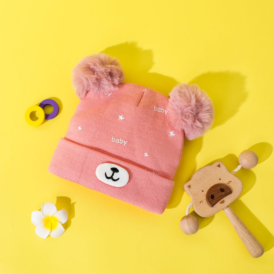 Baby Cartoon Bear Warm Cuffed Rib Knit Beanie Hat Pink