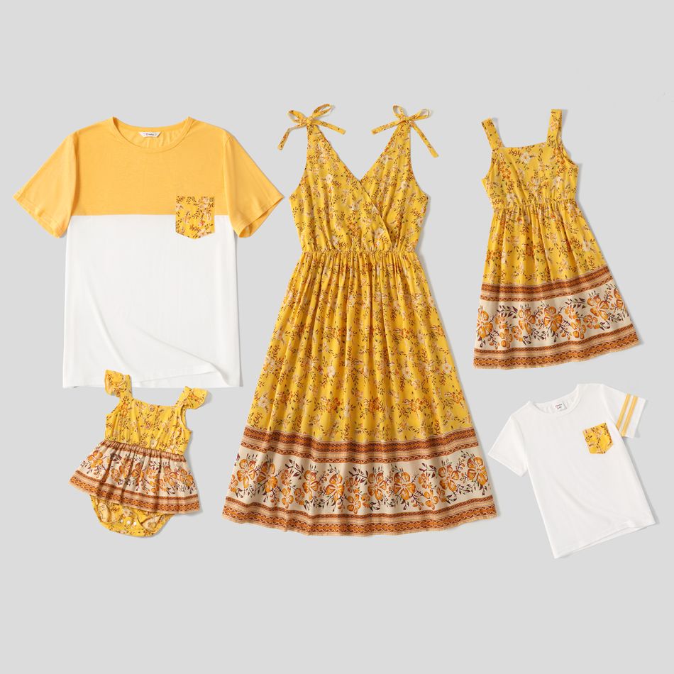 Family Matching Yellow Boho Floral Print Sleeveless Dress and Short-sleeve T-shirts Sets Yellow big image 8