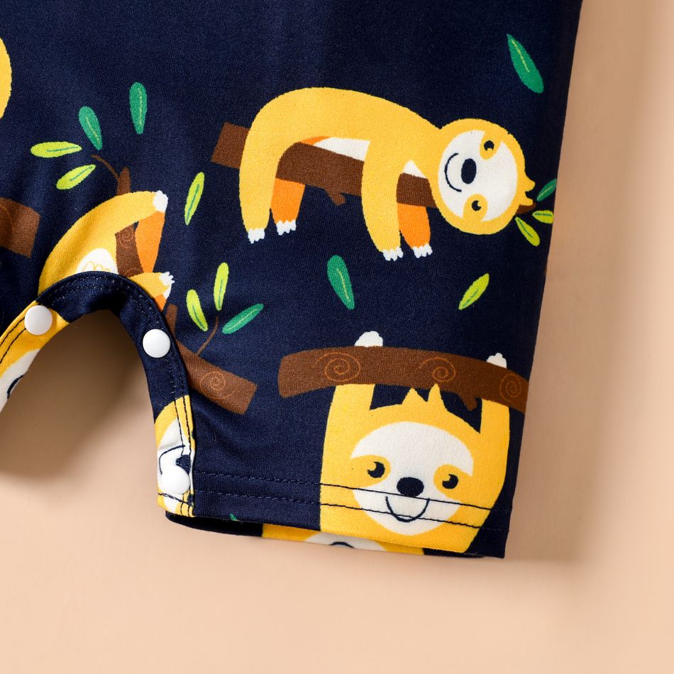 Baby Boy All Over Cartoon Sloth Print Black Short-sleeve Romper Color block