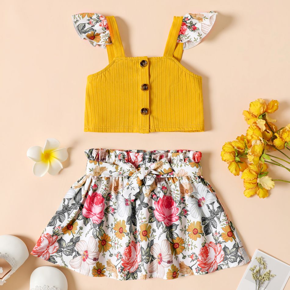 2-piece Toddler Girl Ruffled Button Design Tank Top and Floral Print Belted Skirt Set Ginger