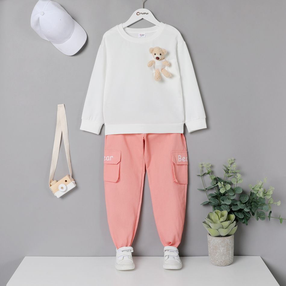 2-piece Kid Girl Solid Color Long-sleeve Tee and Letter Embroidered Cargo Pants Set ( Bear Doll is included) White