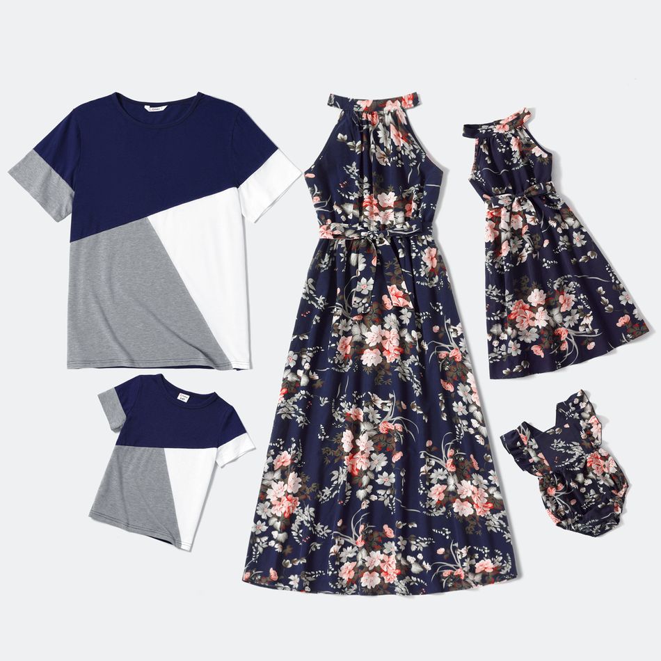 Family Matching Floral Print Halter Neck Sleeveless Maxi Dresses and Colorblock Short-sleeve T-shirts Sets HS big image 1