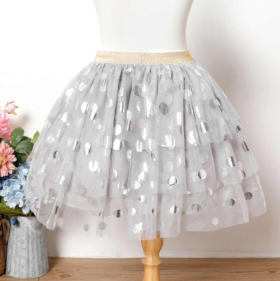 Kid Girl Glitter Polka dots Layered Mesh Skirt Grey