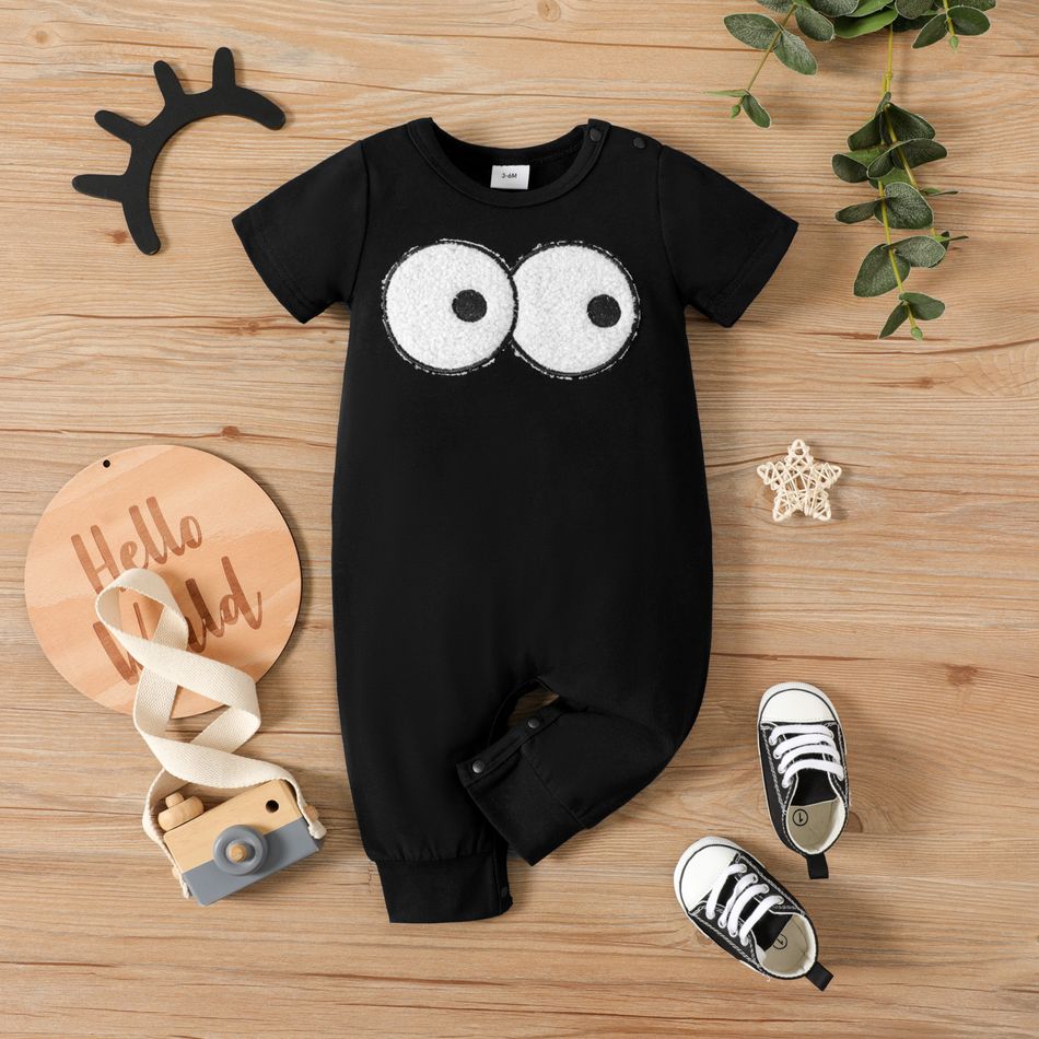 Baby Boy/Girl Cartoon Embroidered Black Short-sleeve Jumpsuit Black