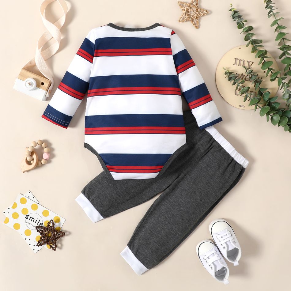 2pcs Baby Boy Striped Long-sleeve Romper and Solid Trousers Set Grey big image 3