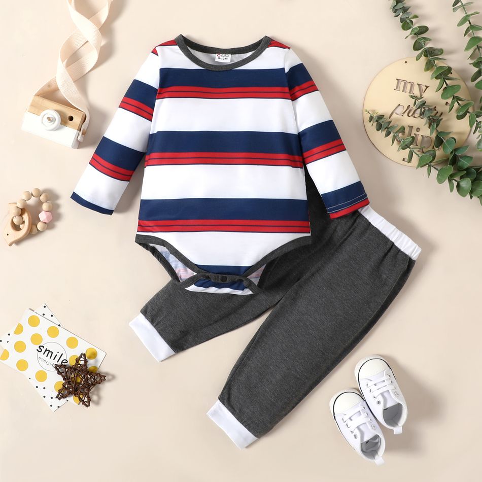 2pcs Baby Boy Striped Long-sleeve Romper and Solid Trousers Set Grey
