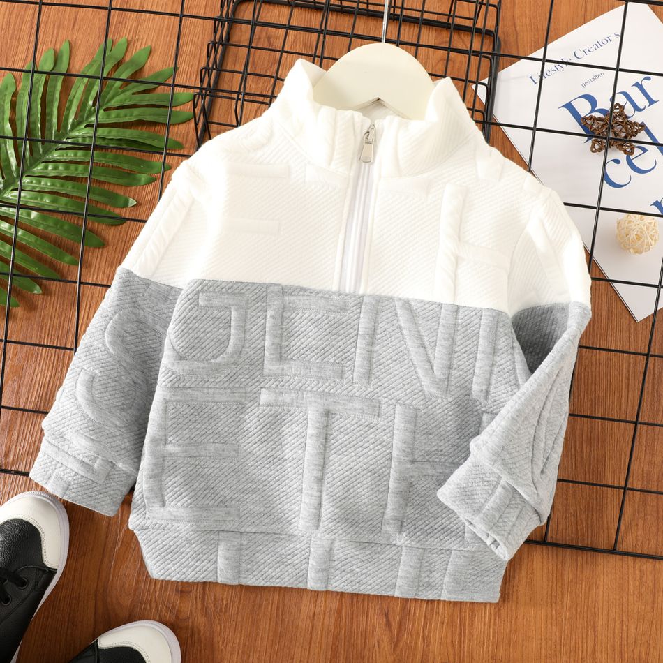 Toddler Boy Letter Textured Stand Collar Zipper Colorblock Sweatshirt Grey