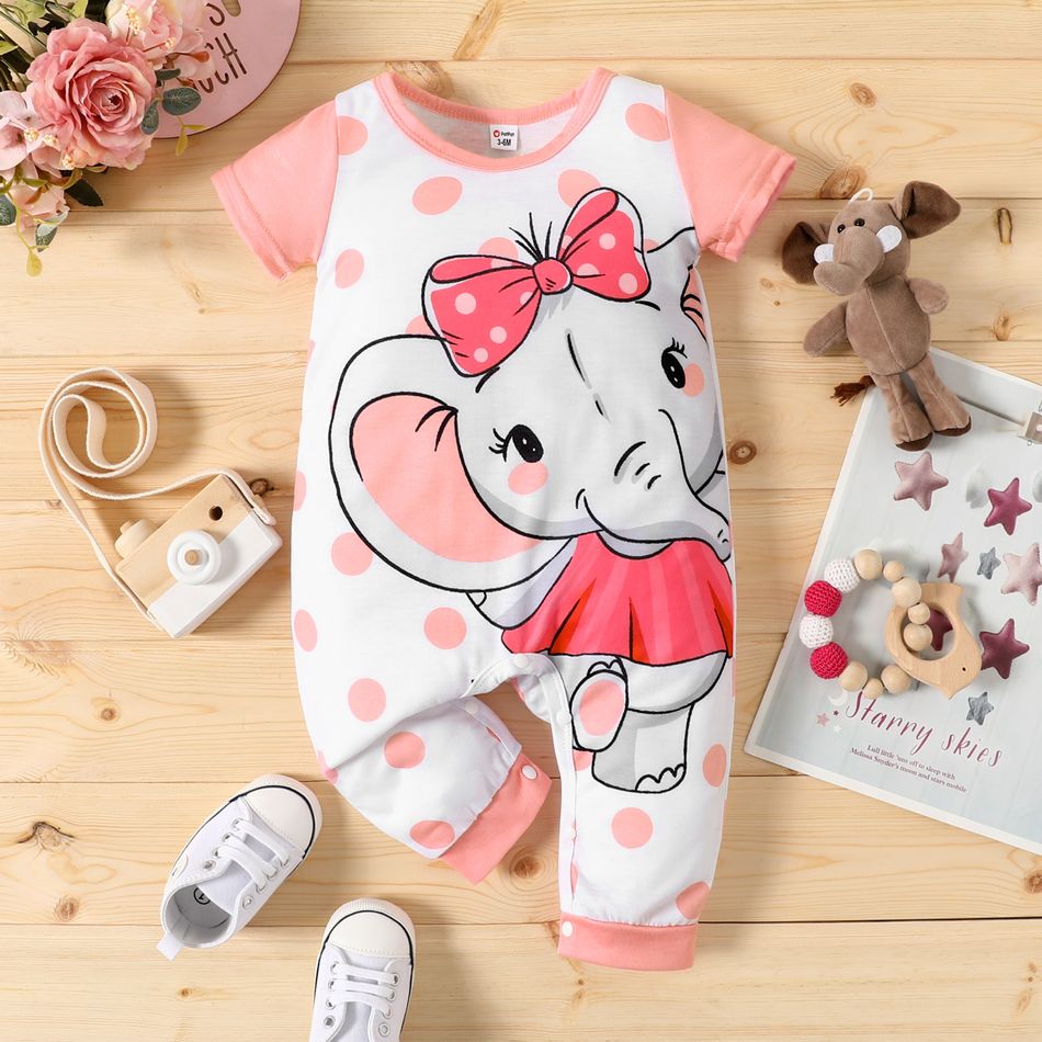 Baby Boy/Girl Cartoon Elephant Print Short-sleeve Jumpsuit Pink big image 2