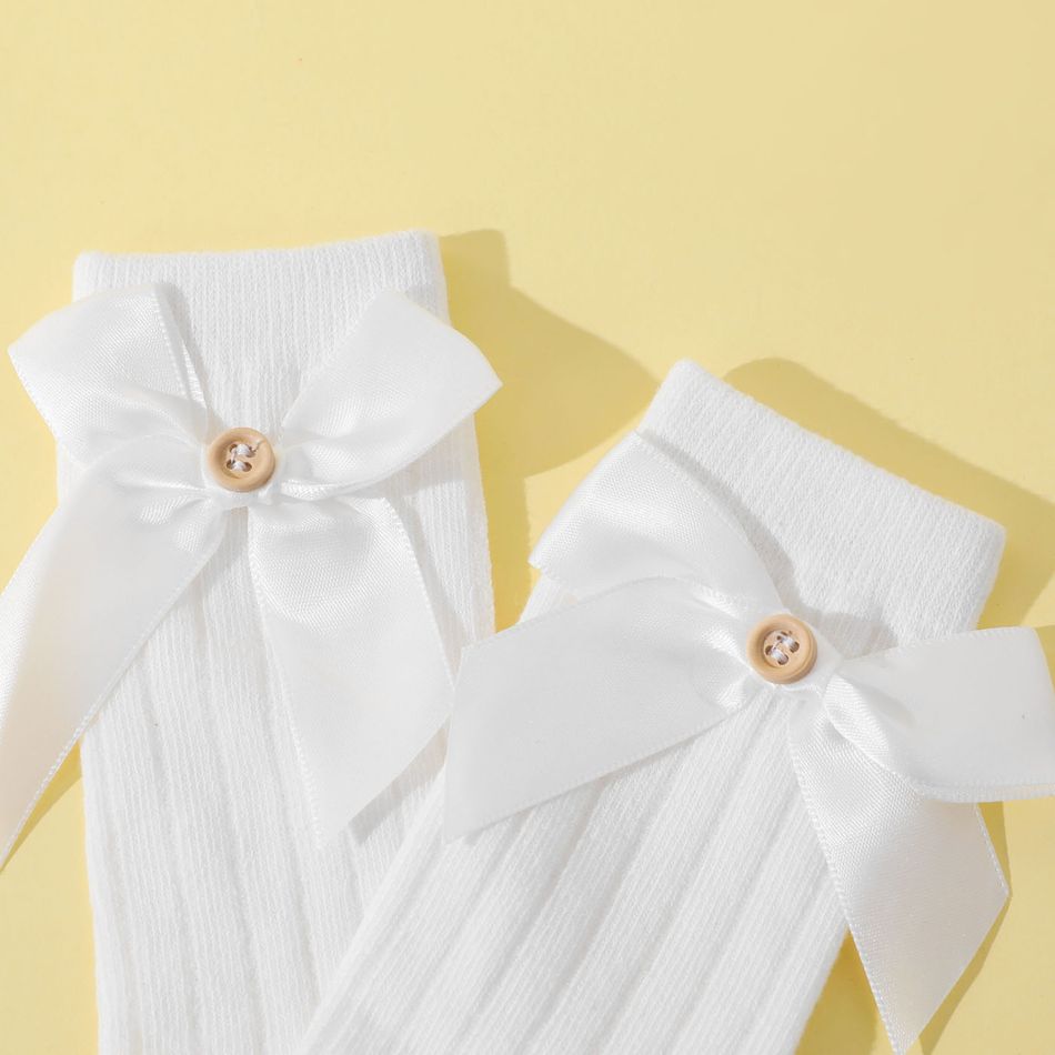 meias de cor pura para bebê / criança com arco de botão e decoração Branco big image 2