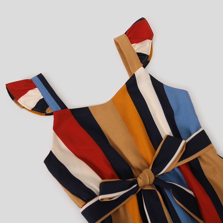 Family Matching Multicolor Striped V Neck Spaghetti Strap Belted Dresses and Colorblock Short-sleeve T-shirts Sets Colorful big image 7