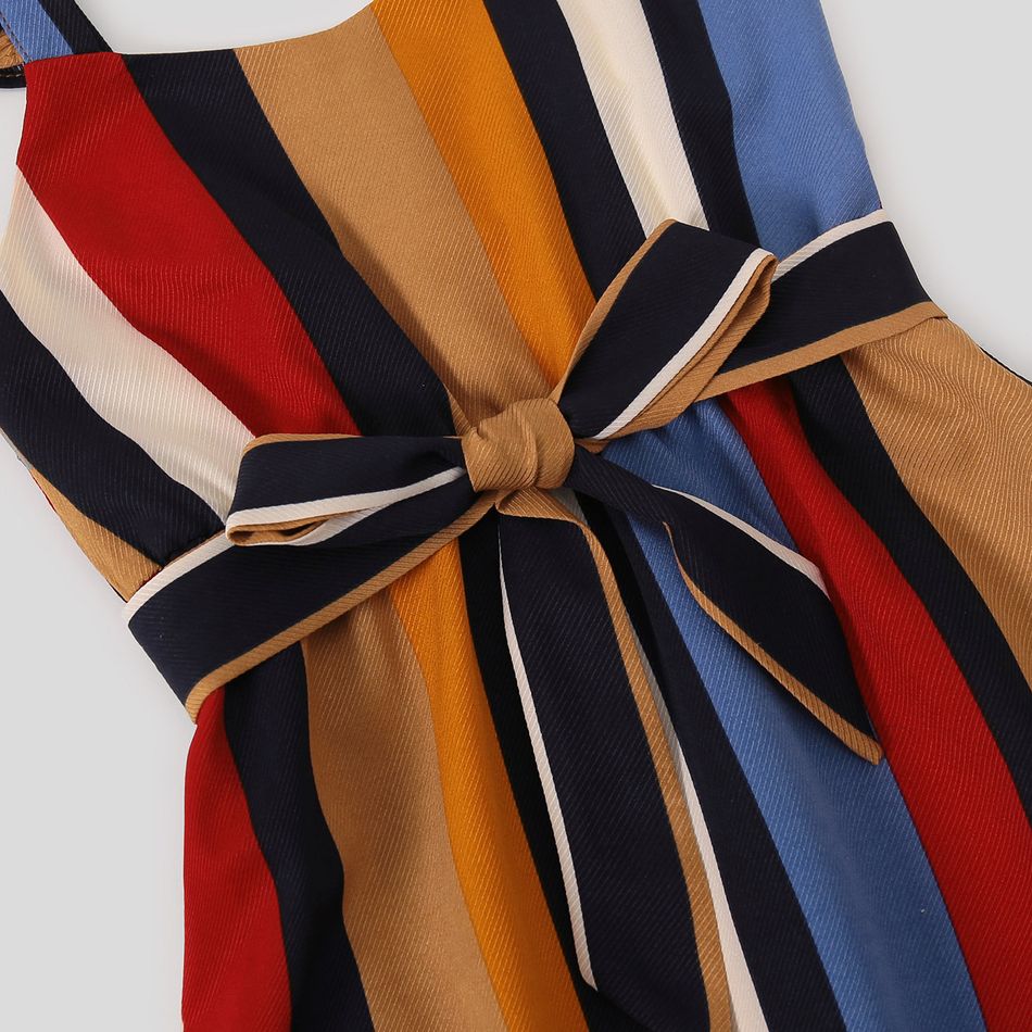 Family Matching Multicolor Striped V Neck Spaghetti Strap Belted Dresses and Colorblock Short-sleeve T-shirts Sets Colorful big image 8