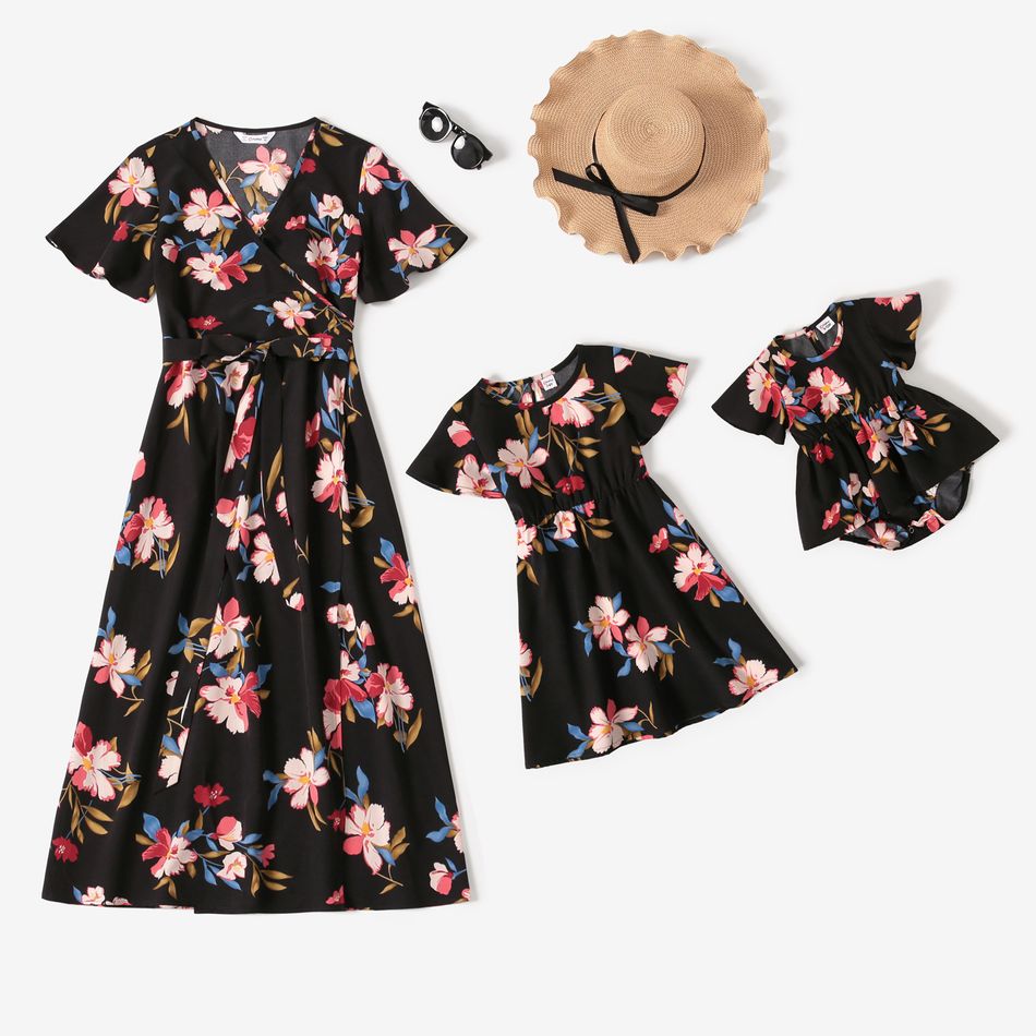 All Over Floral Print Black V Neck Short Ruffle Sleeve Belted Wrap Dress for Mom and Me Colorful