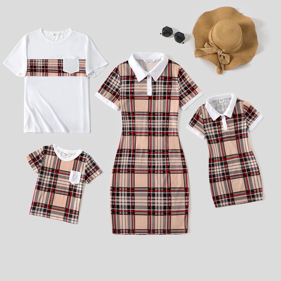 Family Matching Khaki Plaid Polo Collar Short-sleeve Pencil Dresses and T-shirts Sets Khaki