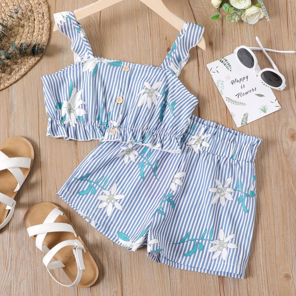2-piece Kid Girl Floral Print Stripe Ruffle Hen Camisole and Paperbag Shorts Set Light Blue