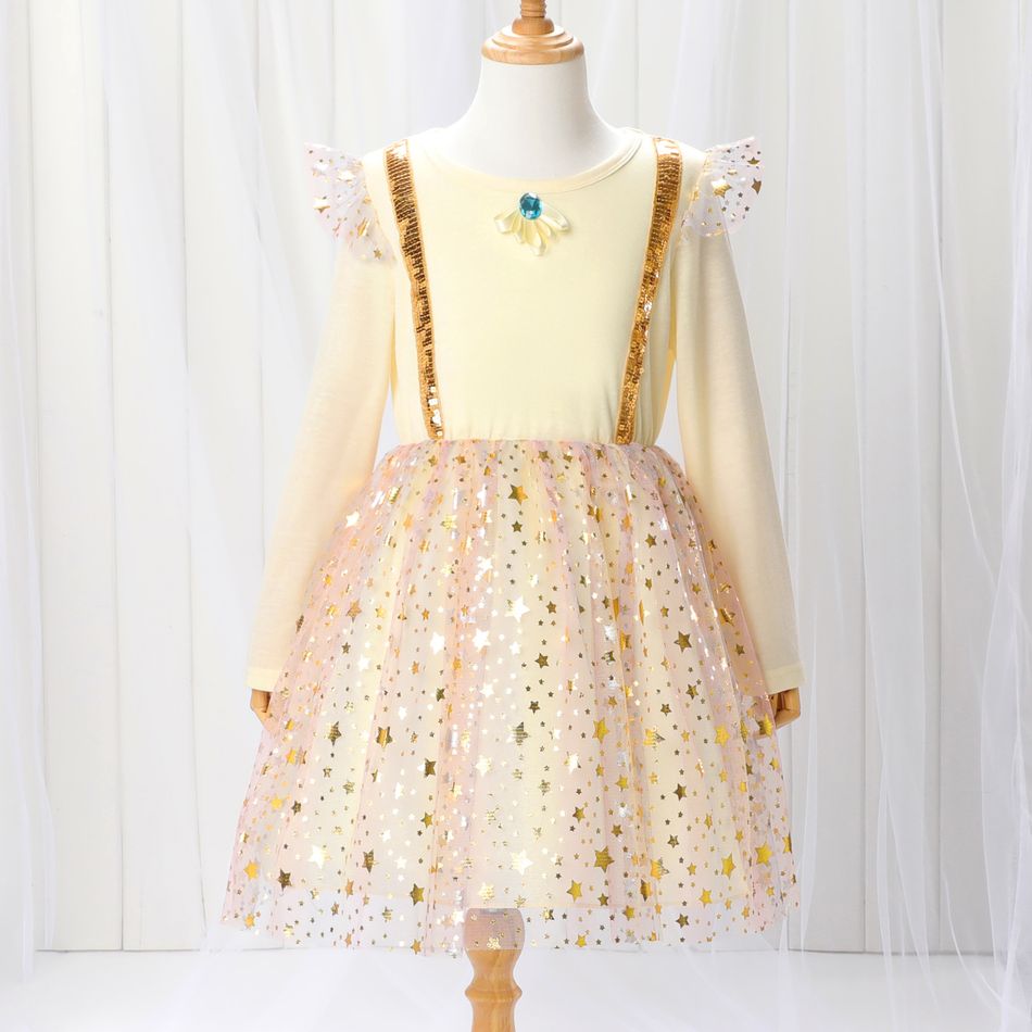 Kid Girl Faux Crystal Decor Sequin Strap Ruffled Stars Glitter Mesh Splice Long-sleeve Party Dress Pale Yellow