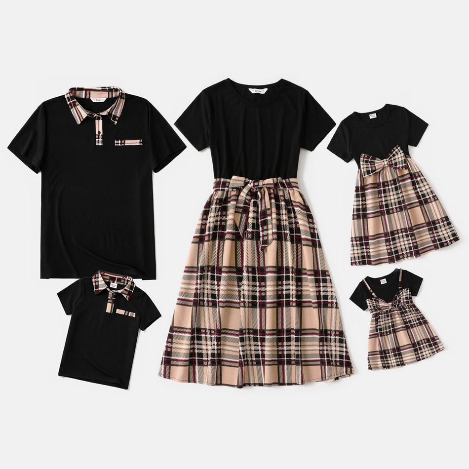 Family Matching Black Splicing Plaid Short-sleeve Dresses and Polo Shirts Sets Black