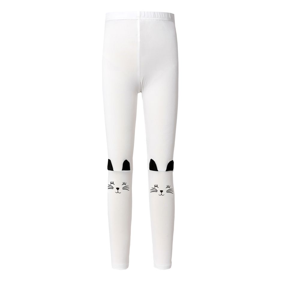 Kid Girl Animal Cat Print Ear Design Solid Color Leggings White