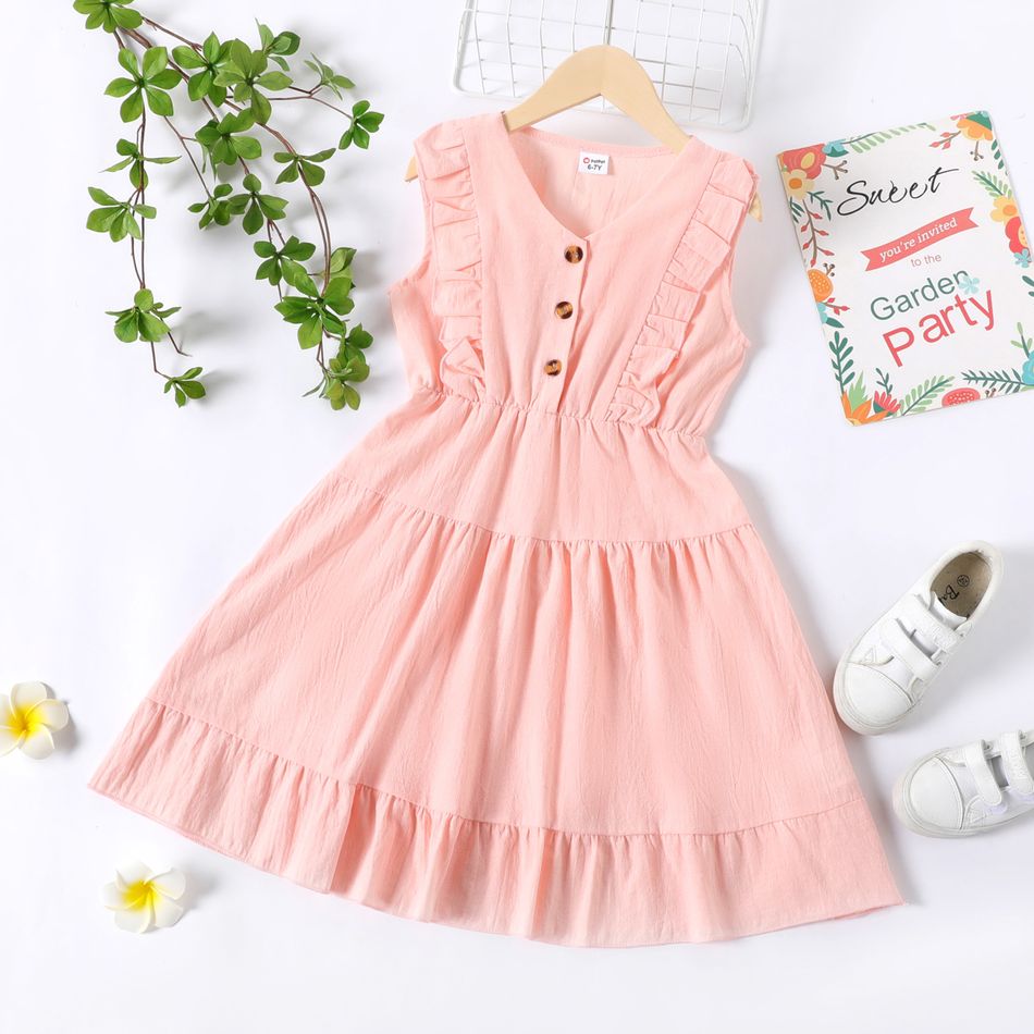 Kid Girl 100% Cotton Solid Color Ruffled Button Design V Neck Sleeveless Dress Pink