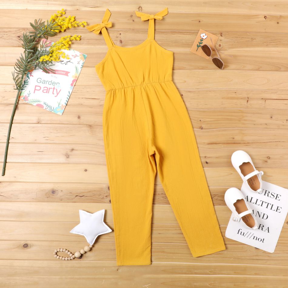 Kid Girl 100% Cotton Bowknot Design Solid Color Cami Jumpsuits Ginger-2