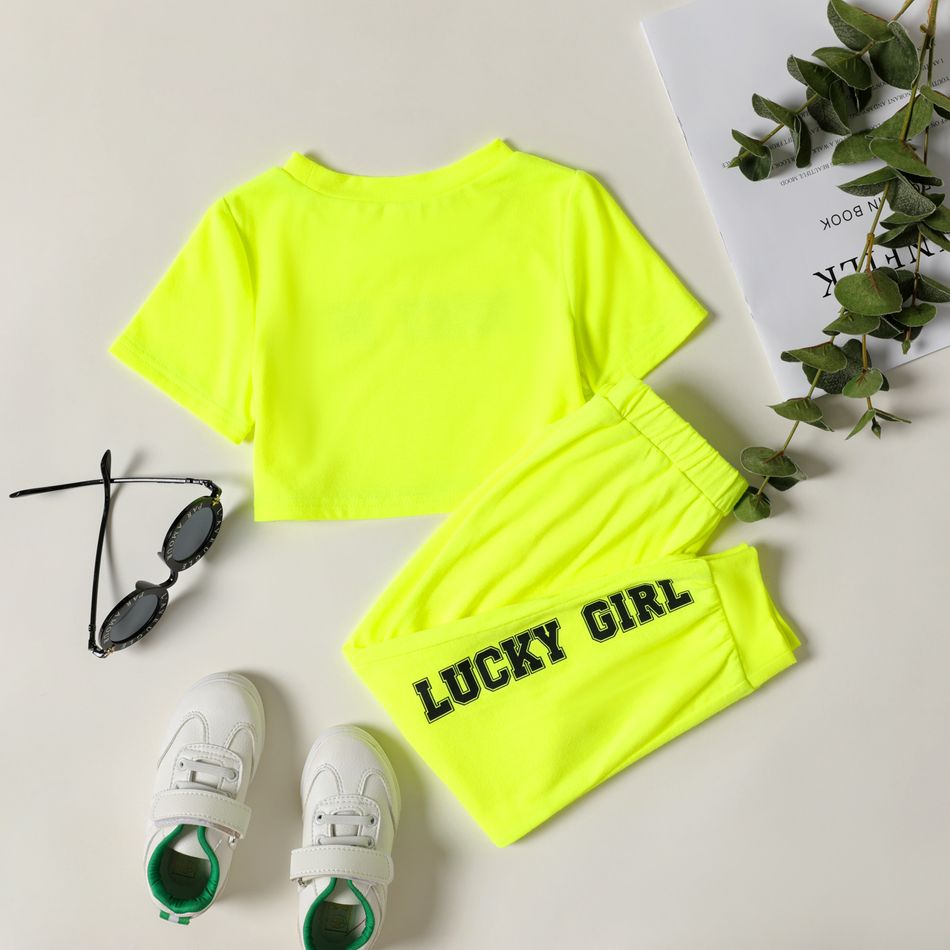 2-piece Toddler Girl Letter Print Solid Color Short-sleeve Crop Tee and Elasticized Pants Set Green big image 2