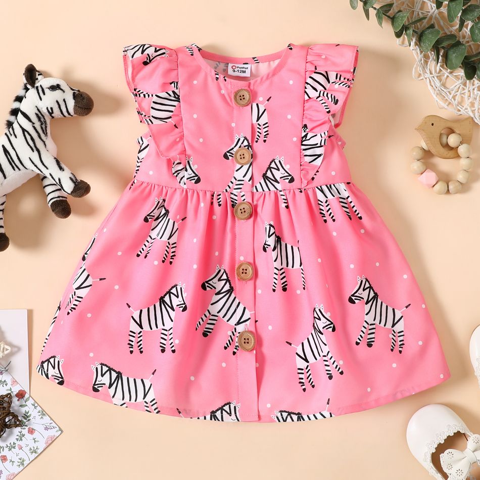 Baby Girl All Over Zebra Print Pink Button Up Sleeveless Ruffle Dress Color block