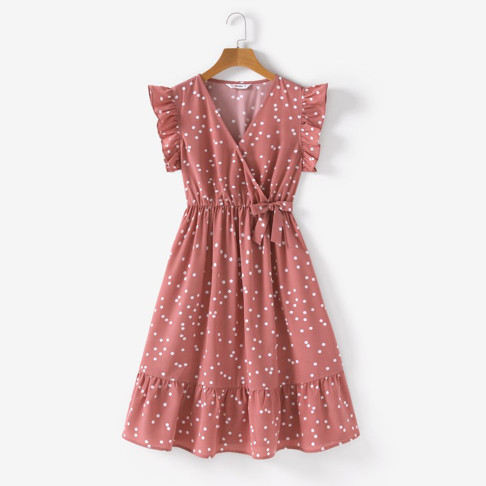 All Over Dots Pink Cross Wrap V Neck Ruffle Flutter-sleeve Dress for Mom and Me PinkyWhite big image 5