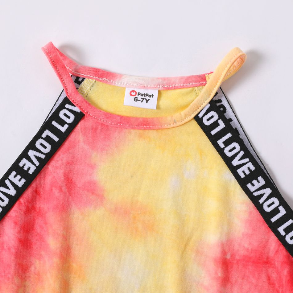 2-piece Kid Girl Letter Print Tie Dyed Halter Top and Bowknot Design Shorts Set Pink big image 3