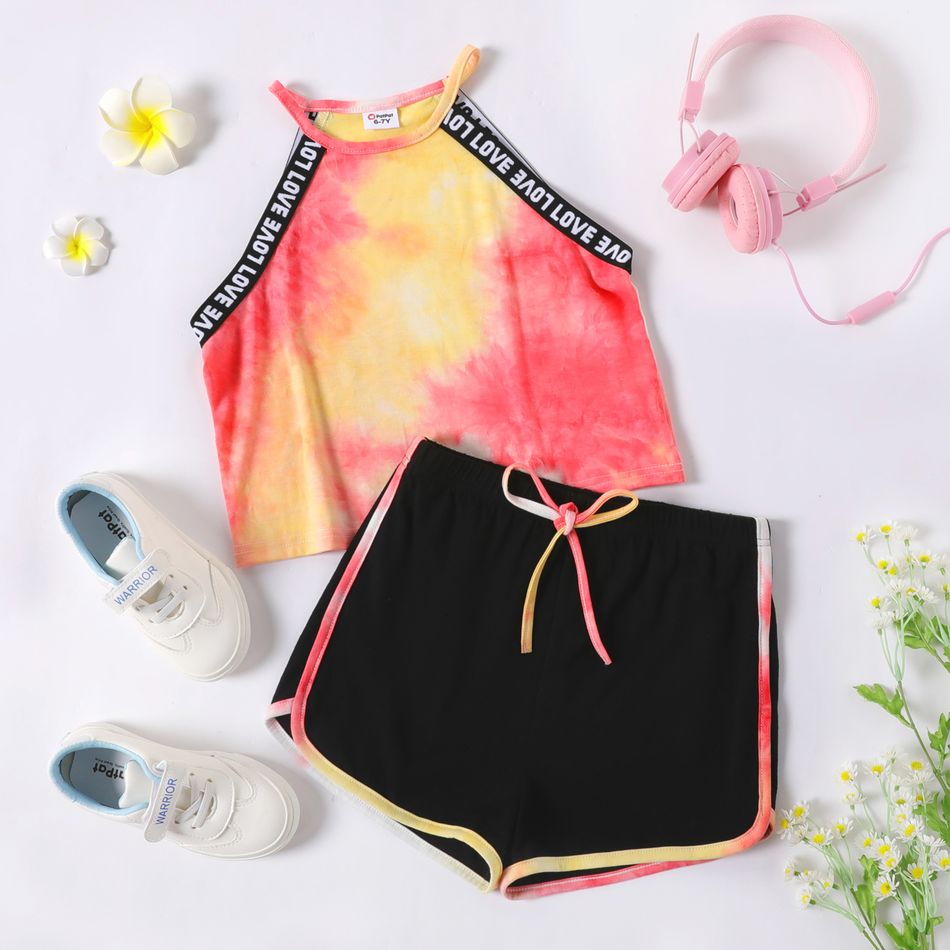 2-piece Kid Girl Letter Print Tie Dyed Halter Top and Bowknot Design Shorts Set Pink big image 1