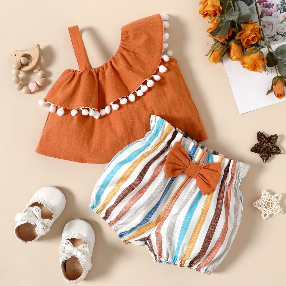 2pcs Baby Girl 100% Cotton Sleeveless Ruffle Pom Poms Top and Striped Shorts Set Brown