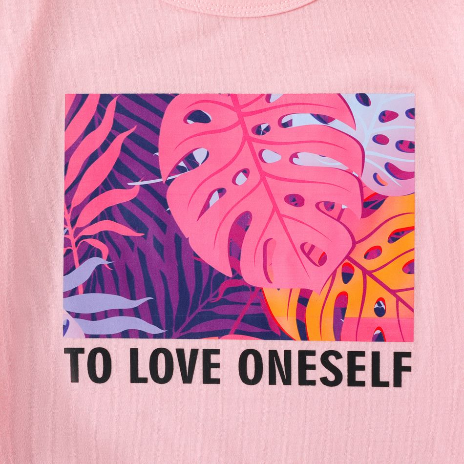 2-piece Kid Girl Letter Leaf Print Tee and Elasticized Leggings Set Pink big image 3
