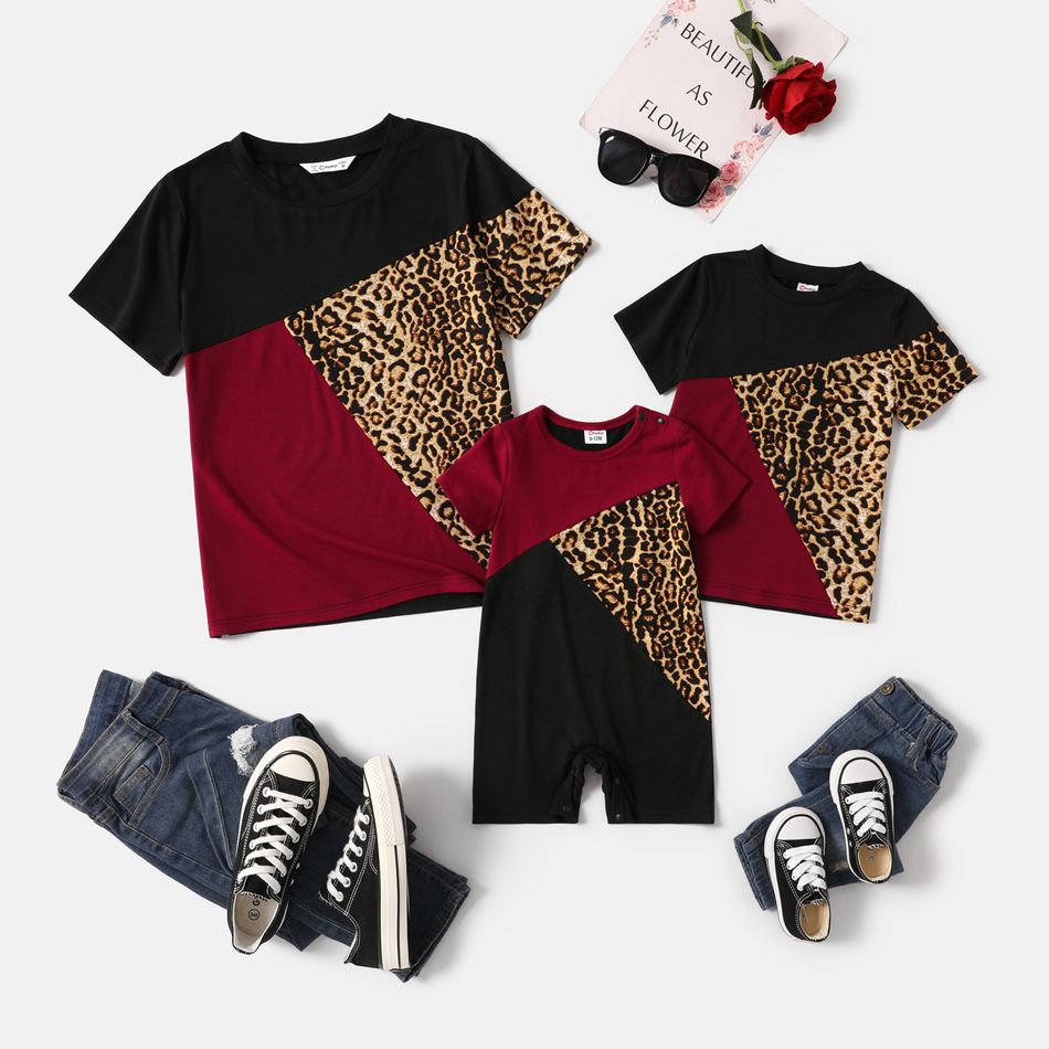 Leopard Colorblock Splicing Short-sleeve T-shirts for Mom and Me Color block