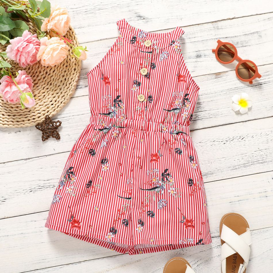 Toddler Girl Floral Print Stripe Button Design Halter Romper Jumpsuit Shorts REDWHITE