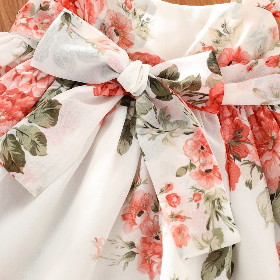 Toddler Girl Floral Print Square Neck Ruffled Bowknot Design Sleeveless Strap Dress Pink big image 4