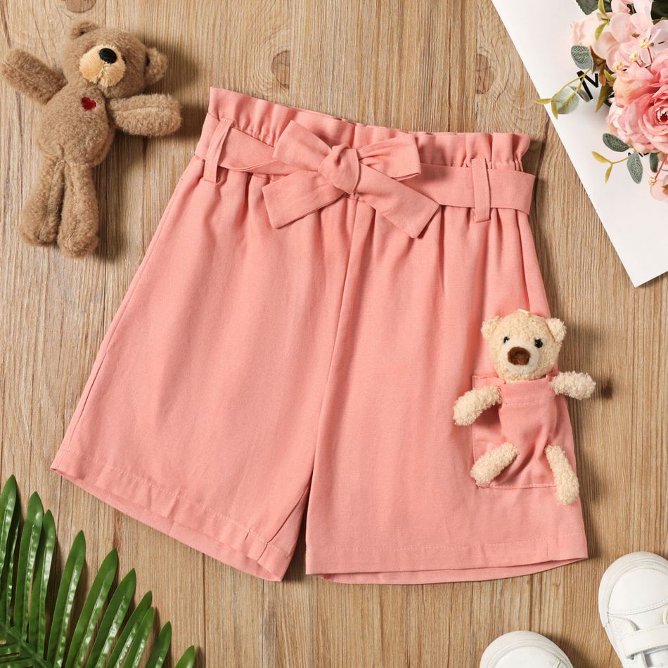 Kid Girl Solid Color Belted Paperbag Shorts (Bear Doll is included) Pink