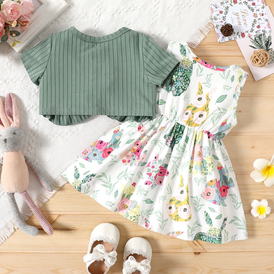 2pcs Baby Girl Solid Ribbed Short-sleeve Ruffle Top and Allover Rabbit Print Sleeveless Dress Set GrayGreen big image 2